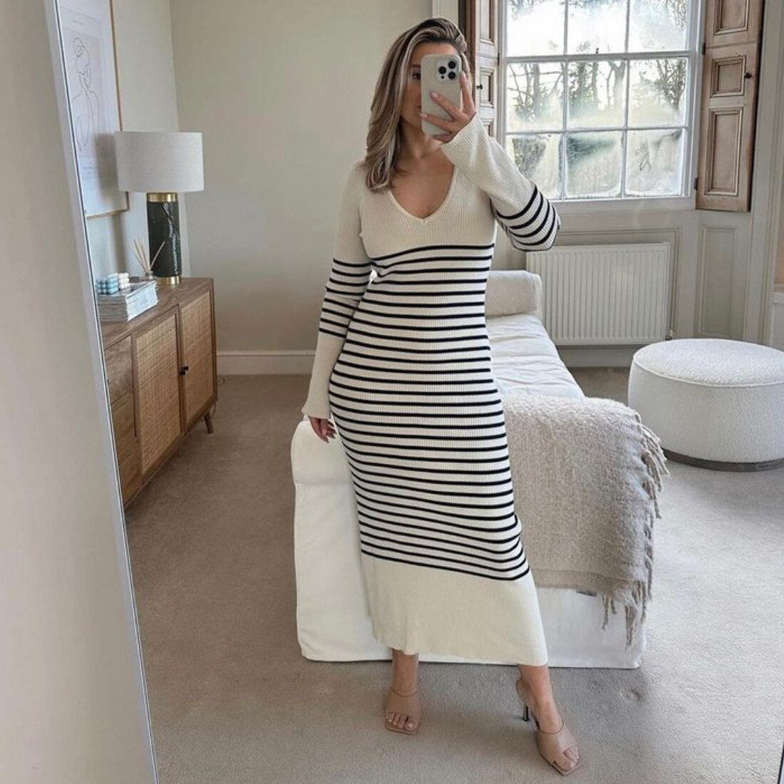 vmtvr - Black White Striped Knitted Maxi Dress for Women Elegant Long Sleeve Slim Sweater Dress Autumn Winter Causal Long Dress