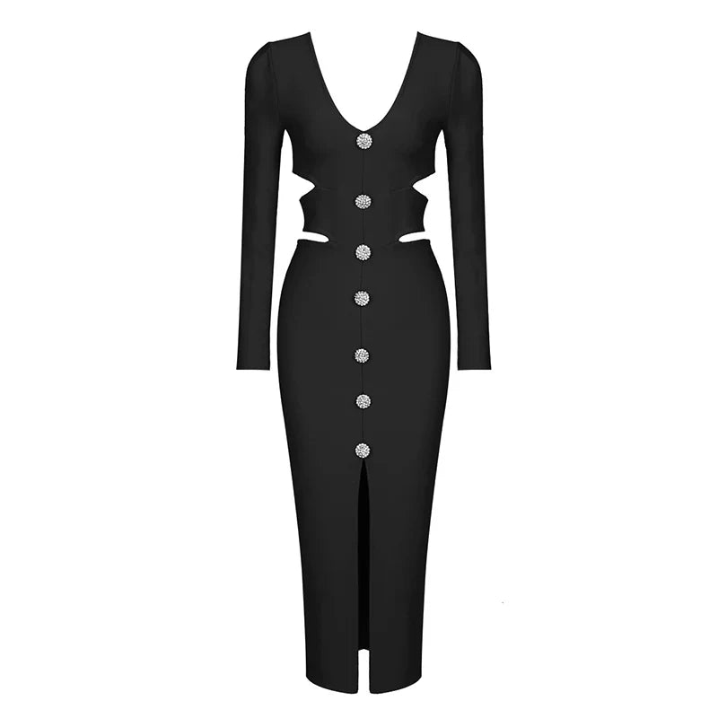 vmtvr - Women Winter Bandage Dress Sexy V Neck Long Sleeve Cut Out White Diamonds Midi Elegant Evening Party Club Dress Vestidos