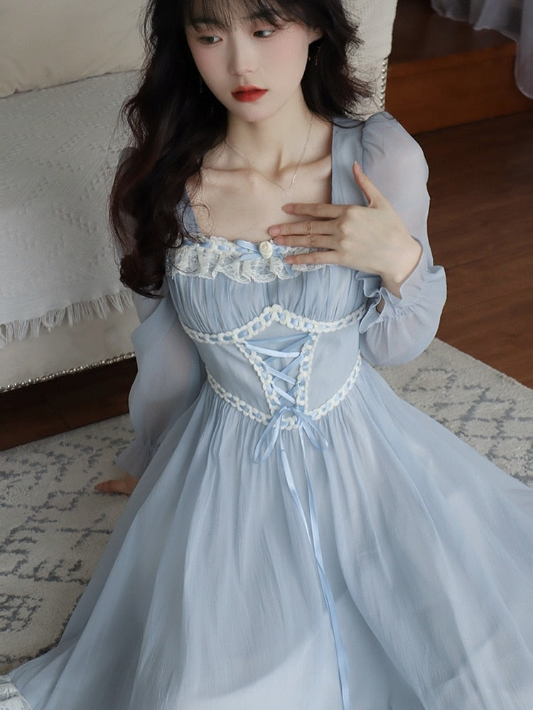 vmtvr - Summer French Elegant Lace Midi Dress Woman Long Slevee Korean Fashion Dress Casual Party Pure Color Vintage Dress Female