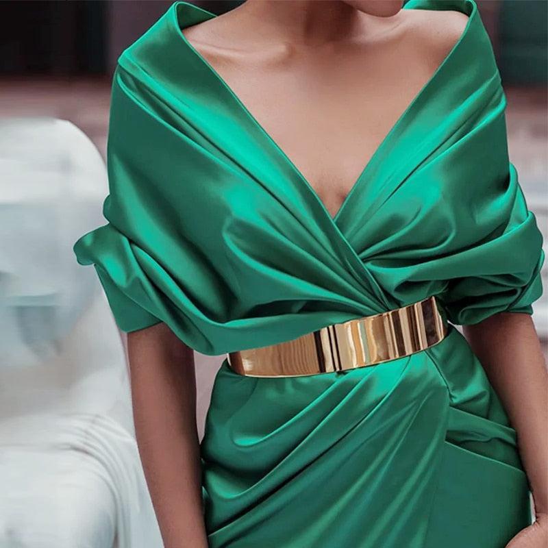 vmtvr Women Dress Fashion Solid Sexy V-Neck Short Batwing Sleeve Nipped Waist Slit Pleated Evening Party Dresses No Belt