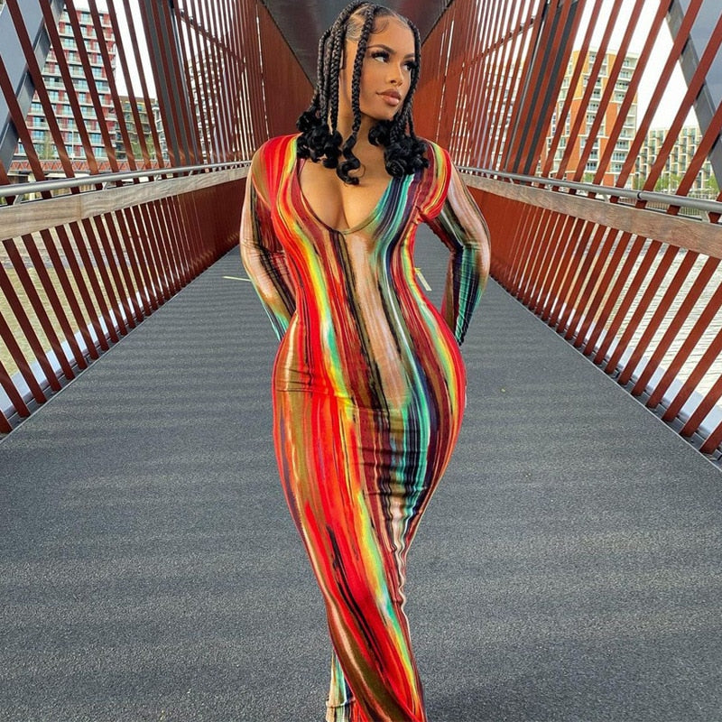 vmtvr Sexy Bandage Dress Waist Illusion Dress Women V-neck Maxi Dresses Ladies Tie-dye Wave Print Party Dresses Tight Dresses
