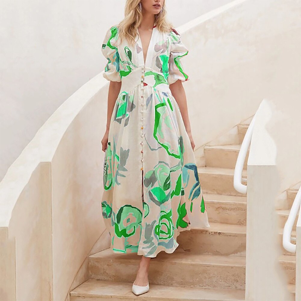 vmtvr - Dresses For Women Summer Sexy Print Long Maxi Dress Ladies Elegant Button Up Boho Floral Ruffles Pink Robe Vestidos