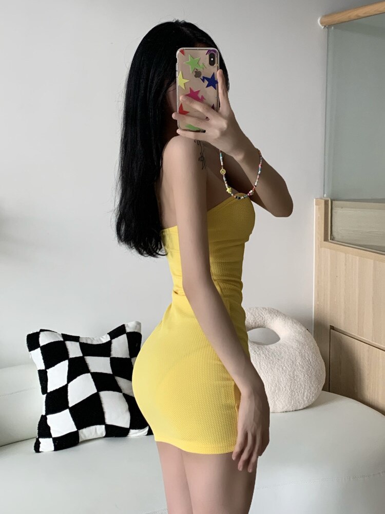 vmtvr - Chest Wrap Mini Tank Dress Sexy Tight High Waist Bright Elegant OL New Summer 2023 Hot Sexy Korean Robe Tops U780