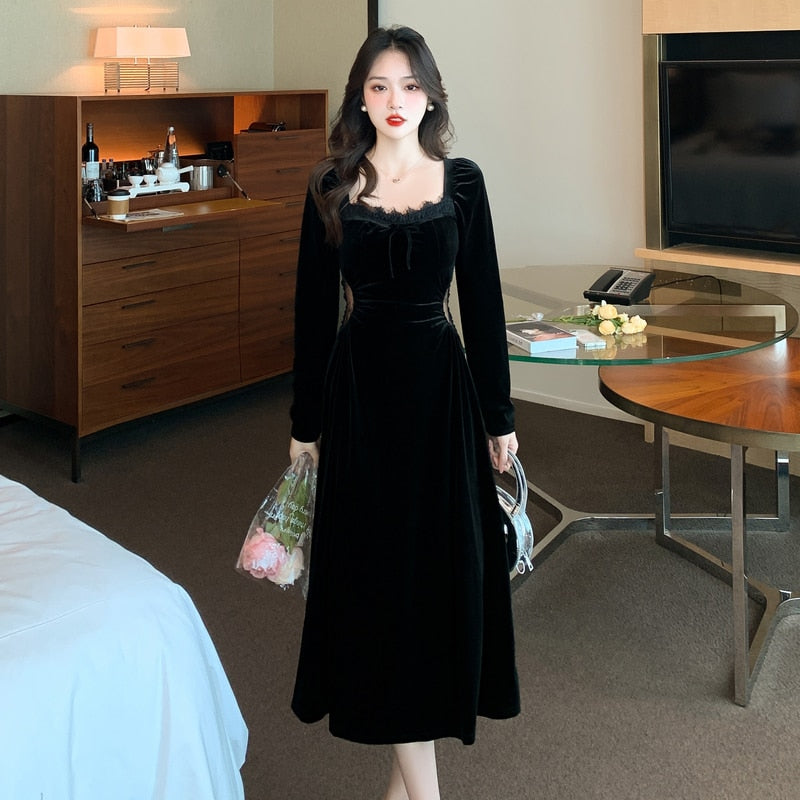 vmtvr - New Spring and Fall Vintage Black Long Sleeve Dress Woman Elegant Fashion Velvet Midi Dress Korean Style Even Party Dresses