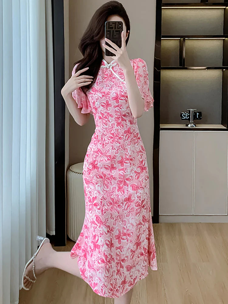 vmtvr 2024 Pink Floral Chic Casual Holiday Dress Summer Short Sleeve Bodycon Elegant Evening Dress Women Korean Fashion Party Vestidos