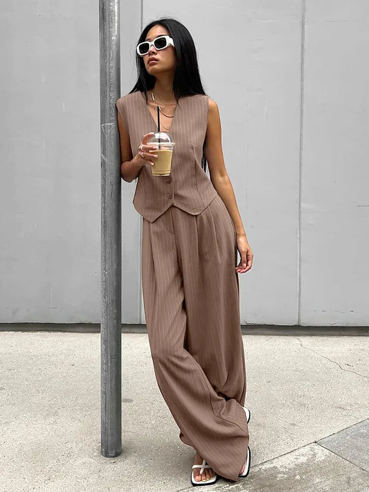 vmtvr 2024 Women Spring Summer Office Pant Set Striped Khaki Outfits V-neck 2 Two Piece Matching Suit Set For Women