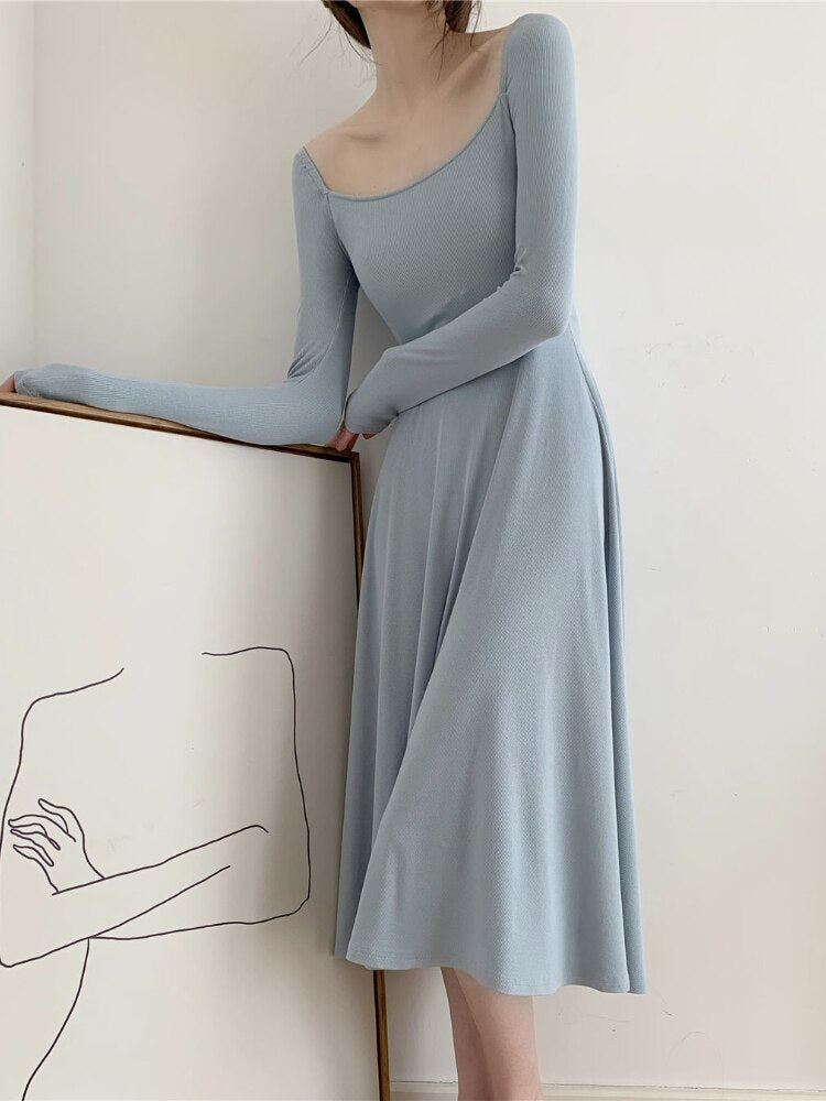 vmtvr Long Sleeve Knitted Midi Dress Women Pure Color Elegant Dress Party Autumn Fairy Slim One Piece Dress Korean Fashion Chic