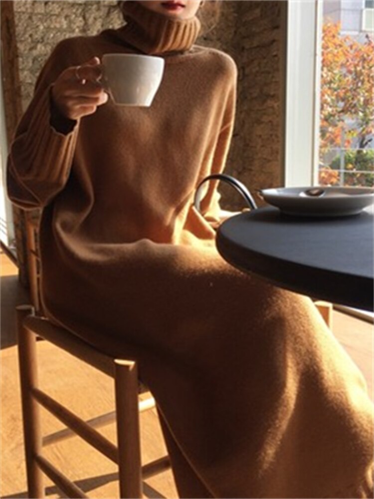 Thick Winter Women'S Dress Fall Sweater Women Dress Long Sleeve Knitted Dresses Maxi Vintage Oversize Dresses Knitting