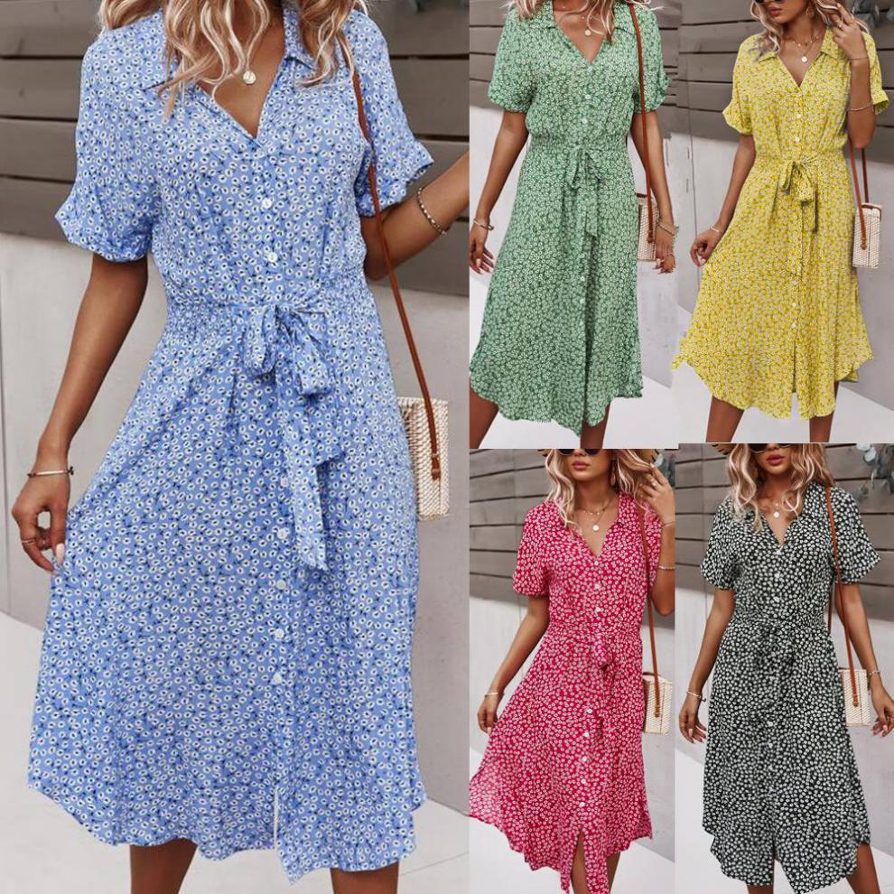 vmtvr Summer Puff Sleeve Long Dress Women Elegant Printed V-Neck Maxi Dresses Boho Drawstring Loose Holiday Beach Dress
