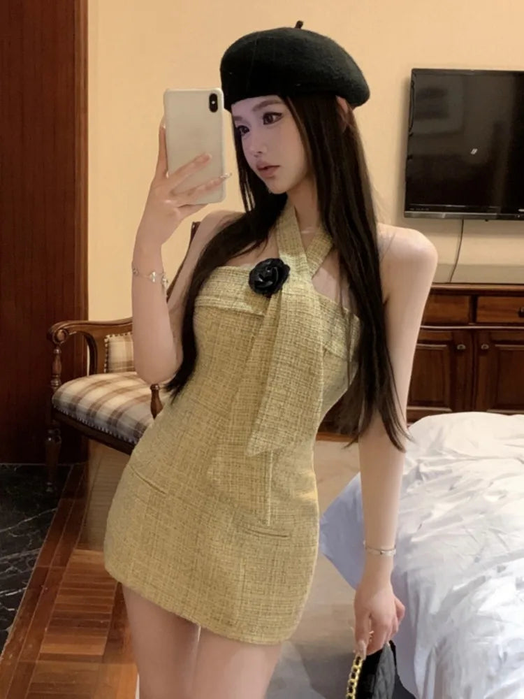 vmtvr - High Quality Designer Hanging Neck Hotsweet Sexy Dresses For Women Summer Sweet Fashion 3D Flower Tweed Mini Party Dress