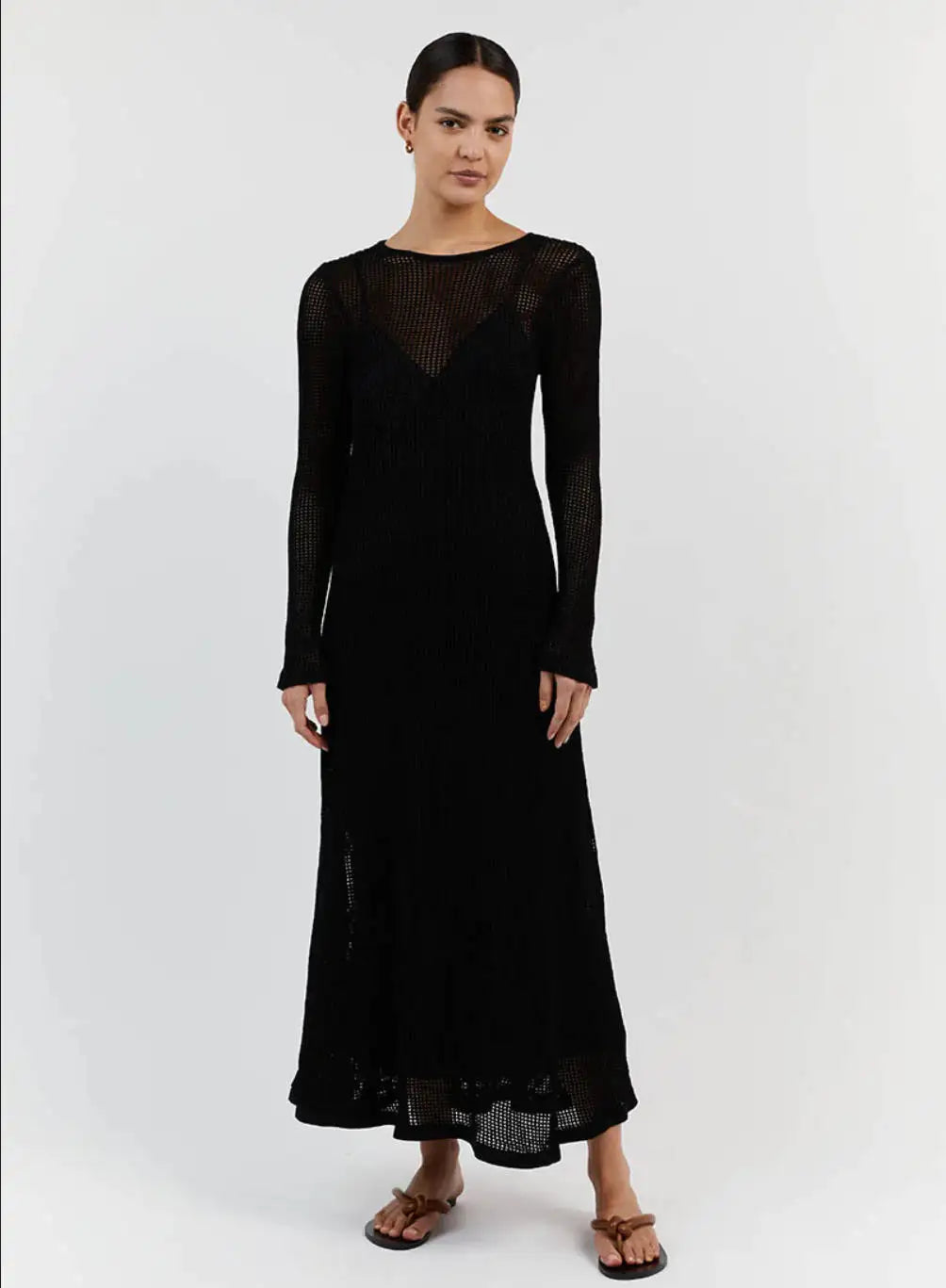 vmtvr Elegant Hollow Out Knit Maxi Dress for Women Summer Beachwear Holiday Long Sleeve Cover-Ups Long Dresses