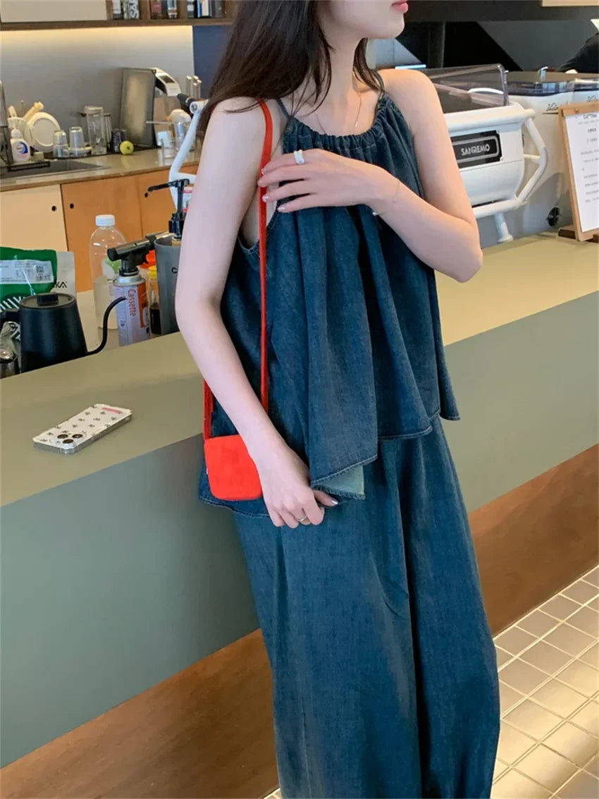 vmtvr Vacation Women Halter New Tank Tops Denim Chic Wide Leg Loose Summer Suit Sweet Casual Office Lady High Street Pants