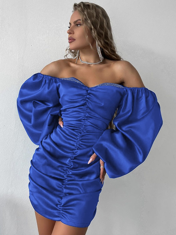 Off Shoulder Satin Evening Dresses For Women Elegant Cocktail Party Dress Black Long Sleeve Ruched Bodycon Dress Mini
