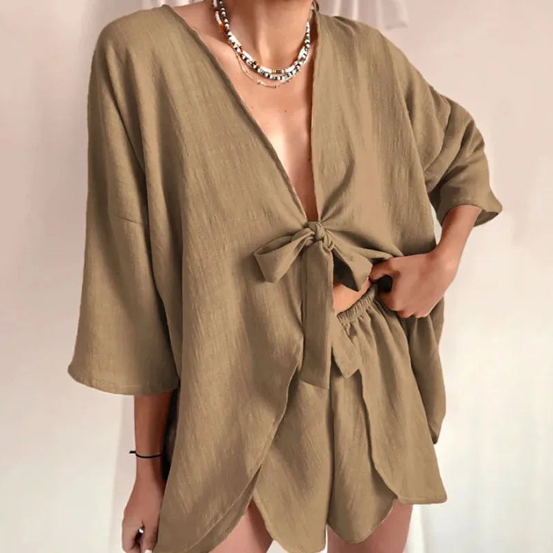 vmtvr Simple Casual Solid Women's Two Piece Sets Fashion Loose Homewear Outfit Summer Sexy Deep V Lace Up Top with Shorts Pajama Suits