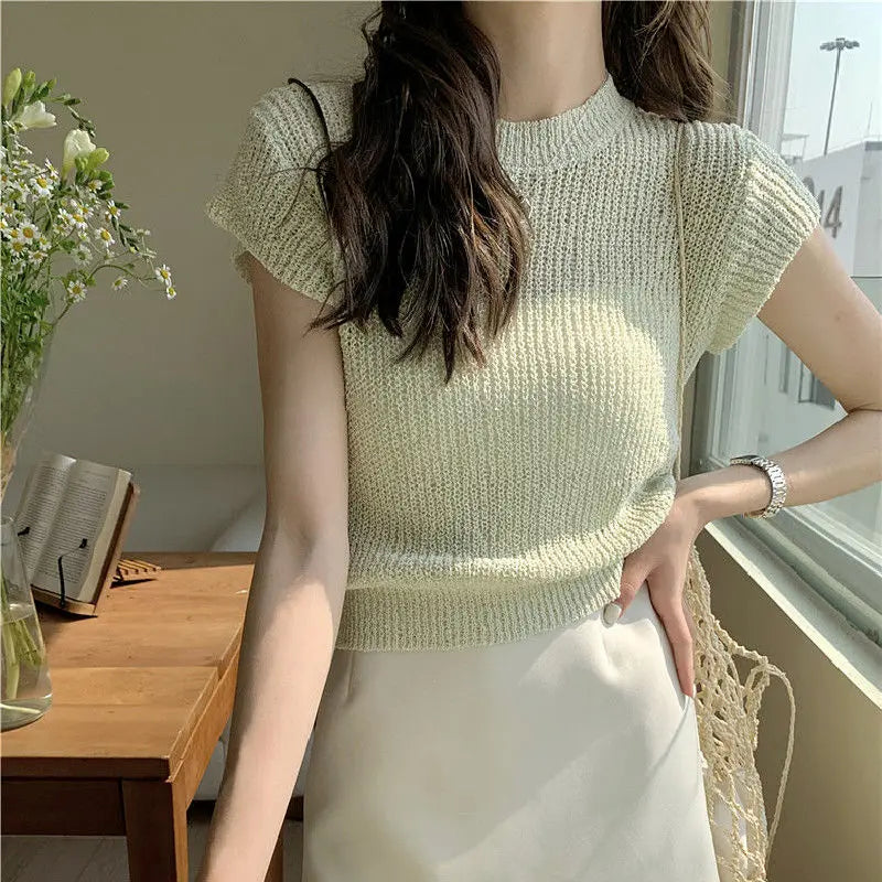 vmtvr Korean Minimalist Summer T-Shirts Women Round Neck Solid Color Screw Thread Short Sleeve Fashion Slim Fit Short Knitted Tops