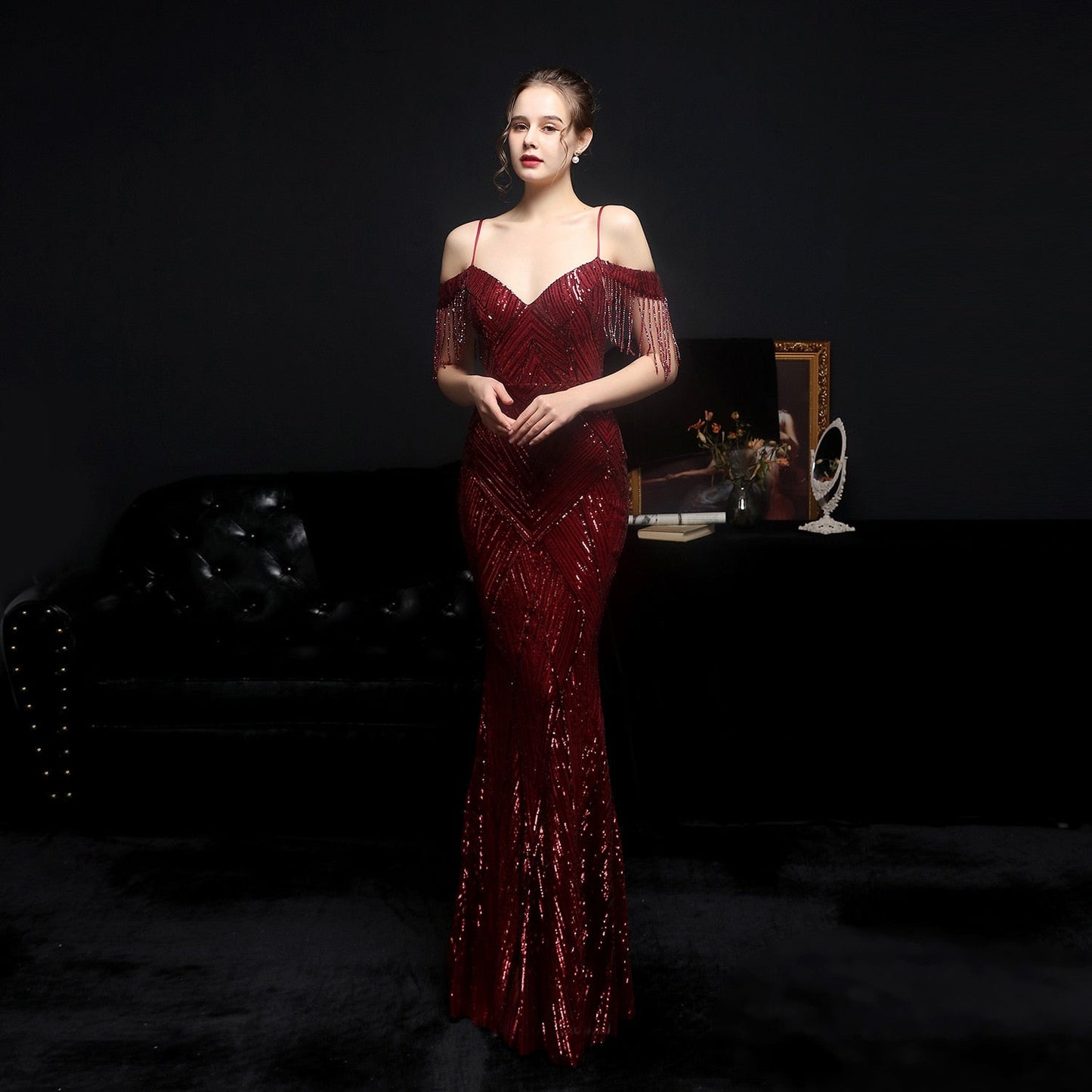 vmtvr Women Elegant Off Shoulder Luxury Evening Dress Sexy Sequin Mermaid Dress Spaghetti Straps Silver Beading Long Party Dress New
