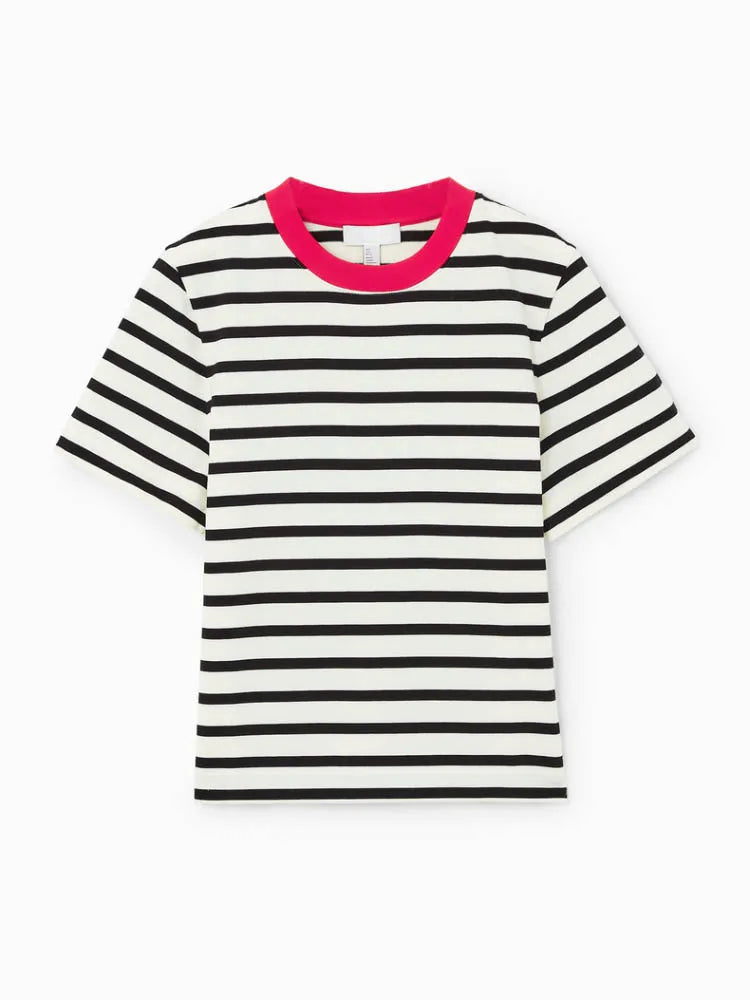 vmtvr Summer Women's T-shirt Black White Stripe O Neck Shirts Top Short Sleeve Lady Stretch Knit Fashion Casual Cotton Tees for Women