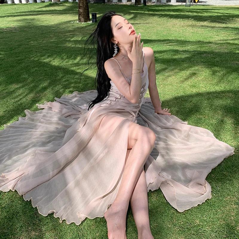 vmtvr - Maxi Long Dresses for Women New Summer Elegant Spaghetti Strap Slim Split Ruffle Female Clothes Beach Holiday Bandage Dress