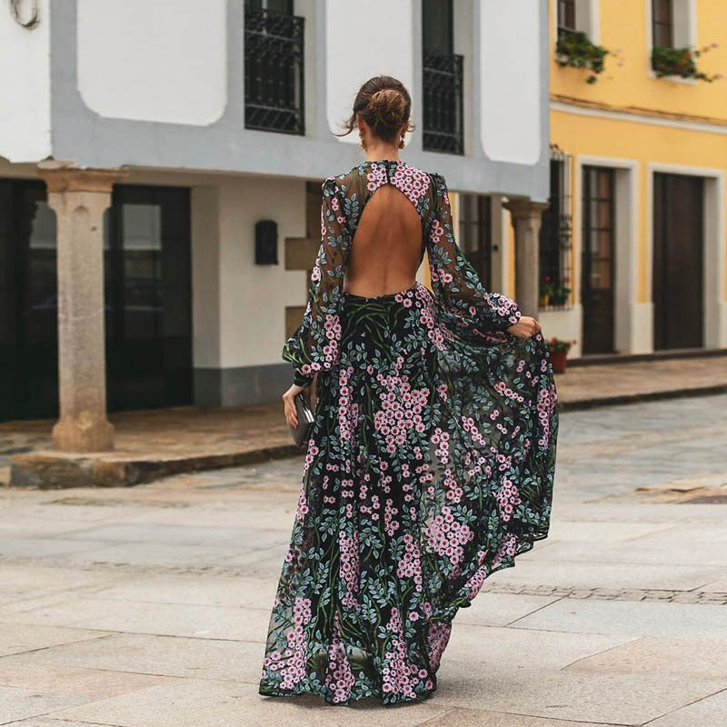 vmtvr - Elegant Maxi Dress Spring Summer Women's Clothes Sexy Backless Slim Print Dress Outfits For Women Vestidos