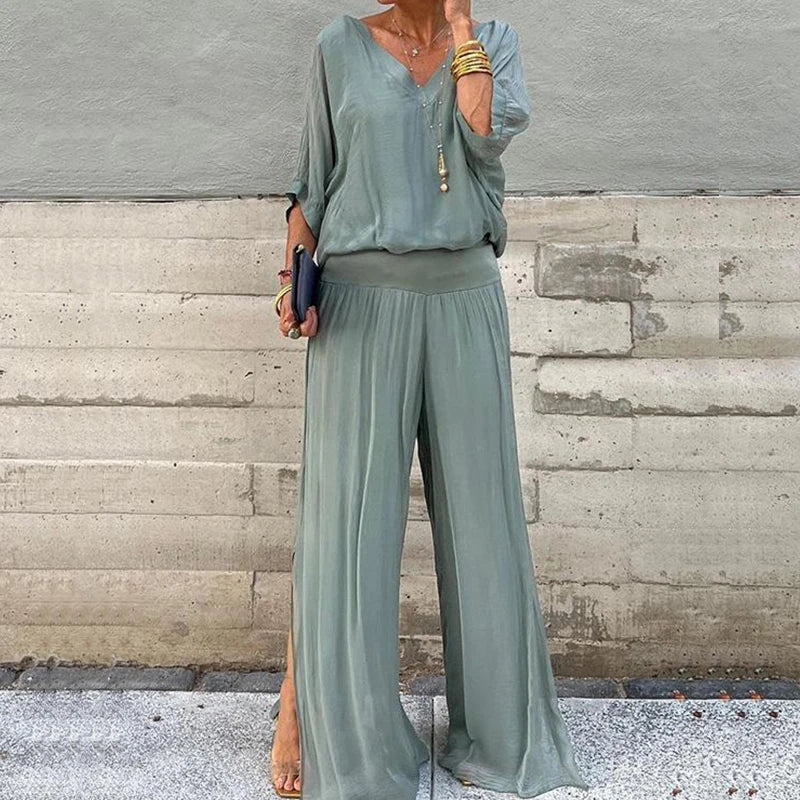 vmtvr Women Fashion Solid Chiffon Outfits Spring V Neck Backless Top Pullover & Wide Leg Pants Suit Summer Half Sleeve Loose 2pcs Sets