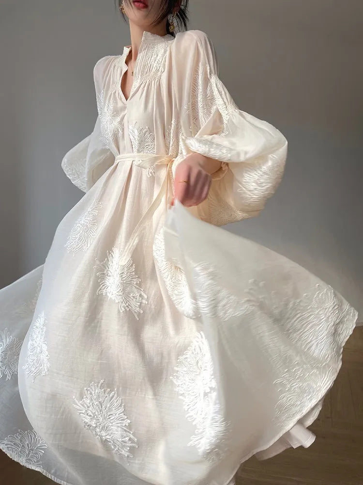 vmtvr Spring Summer Women Embroidery Casual Party Dresses Elegant Lantern Sleeve Vintage A-Line Dress Female Fashion Vestidos Robe
