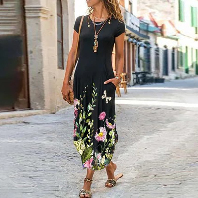 vmtvr - Elegant Women Maxi Dress Summer O Neck Short Sleeve Sundress Office Lady Party Dress Female Print A-Line Long Dress Vestido