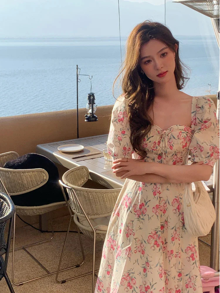 vmtvr Summer Vintage Floral Midi Dress Woman Beach Style Korean Fashion Elegant Party Dress Casual Princess Fairy Dress Designer