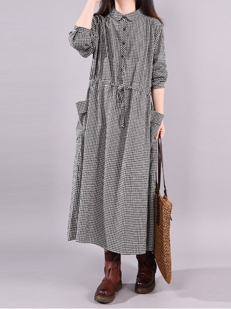 vmtvr - Dresses for Women Loose Stitching Cotton and Linen Plaid Long-sleeved Dress Women's Lace-up Waist Midi Skirt Elegantly