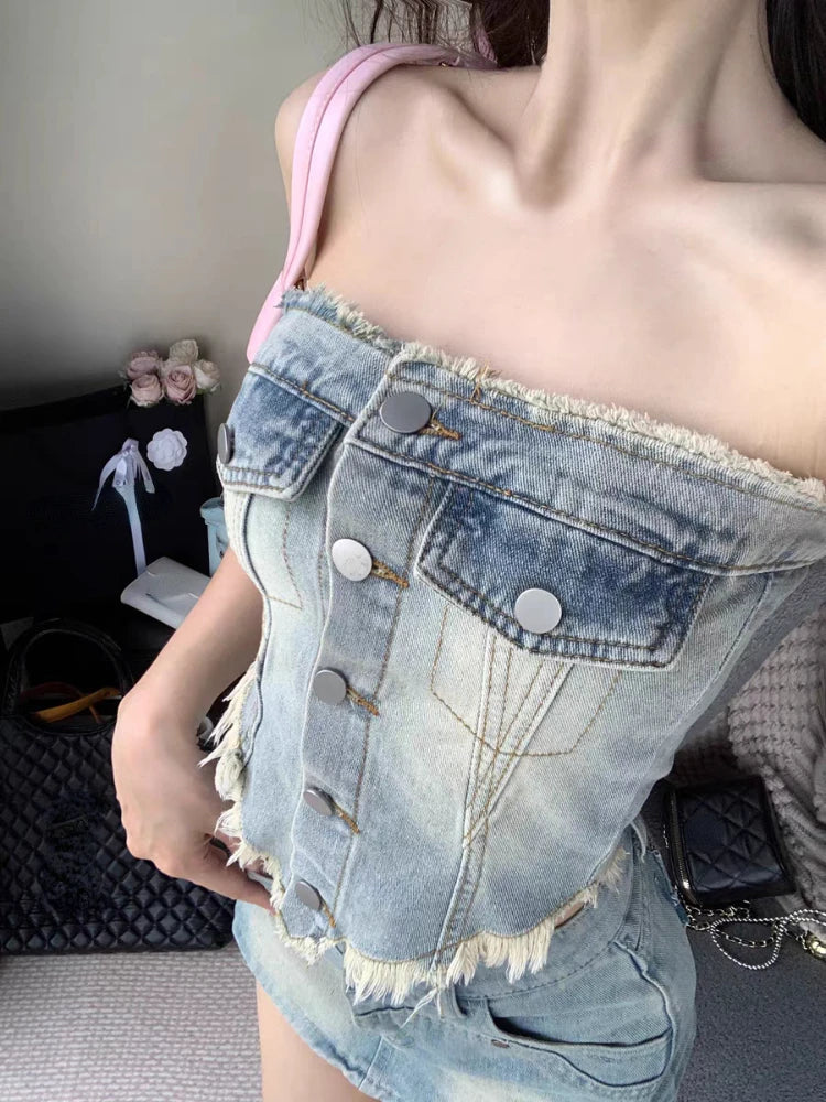 vmtvr 2024 Summer Vintage 2 Piece Skirt Set Women Casual Y2k Sleeveless Tops + Office Lady Slim Mini Skirt Fashion Sweet Denim Suits