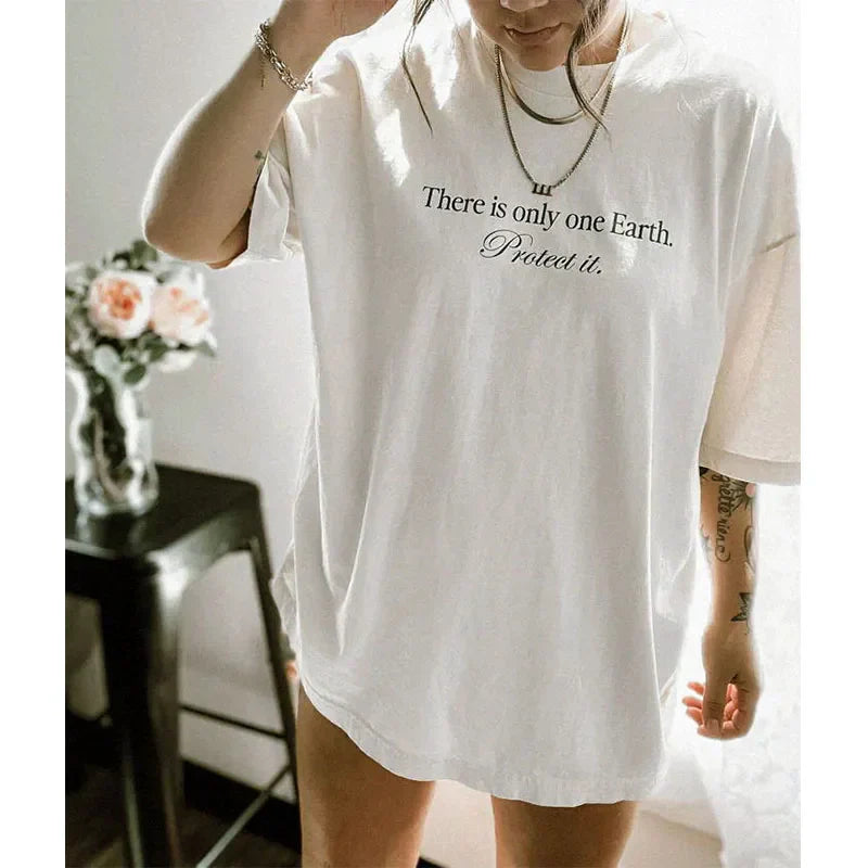 -Retro sports style outfit streetwear 90s fashion There is Only One Earth Protect it Slogan Printing Short Sleeve T shirts Female Summer Cotton Oversize Casual Tops Tees