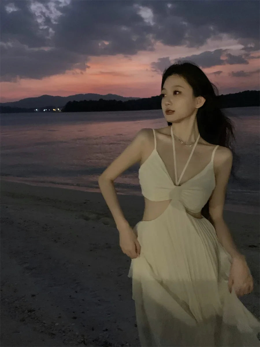vmtvr Summer New Fashion Women Sexy Pleated Boho Long Dress Vacation Beach Strap A line Ladies Robe Sundress