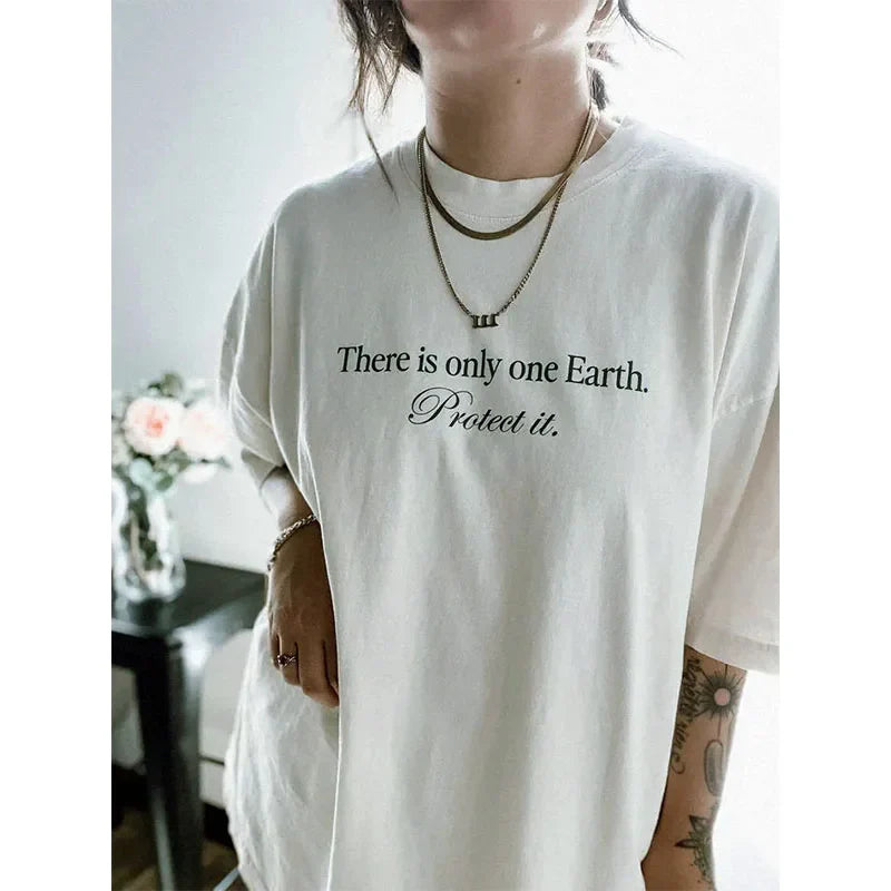-Retro sports style outfit streetwear 90s fashion There is Only One Earth Protect it Slogan Printing Short Sleeve T shirts Female Summer Cotton Oversize Casual Tops Tees