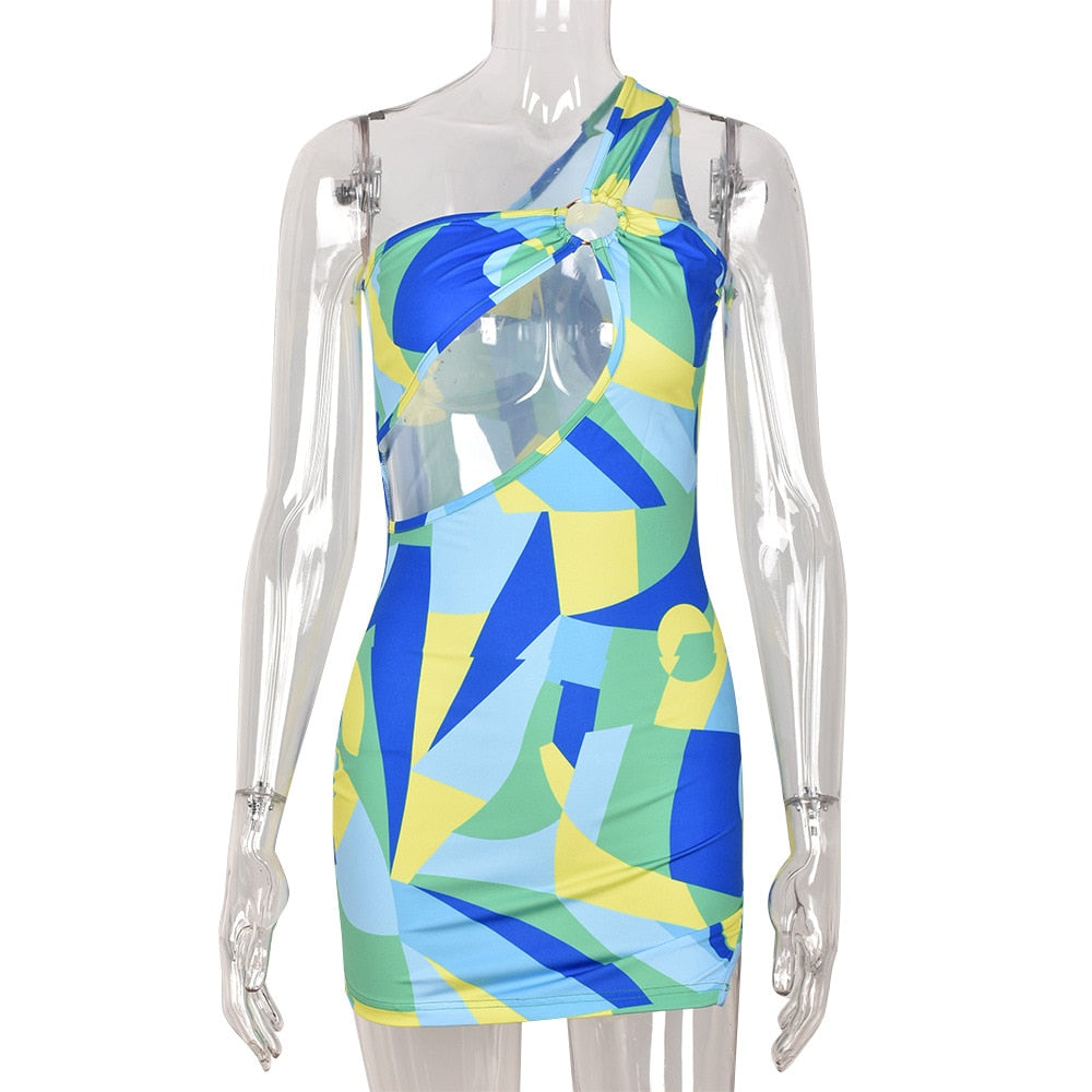 vmtvr Fashion Geometric Print Women Dresses Summer Club Asymmetrical Cut Out One Shoulder Bodycon Mini Dress D82-BB15
