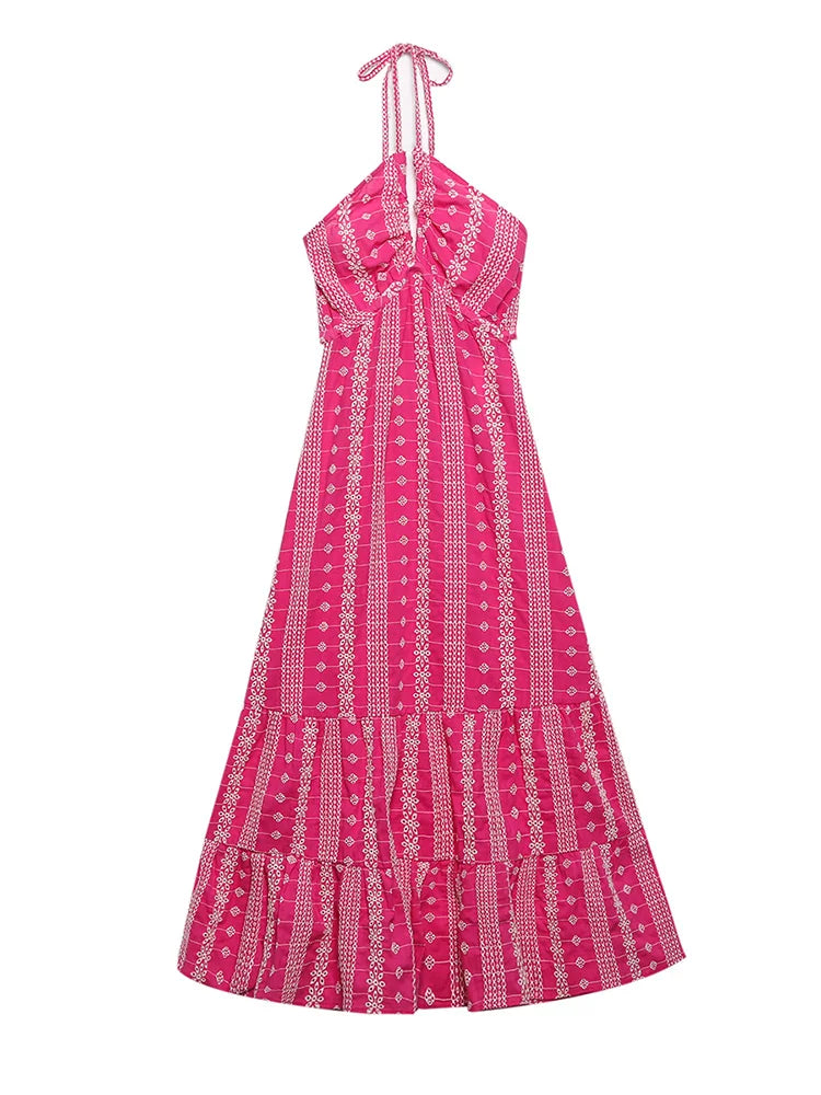 vmtvr - Long Beach Dresses For Women Boho Cutwork Embroidery Summer Dress V Neck Sleeveless Halter Strap Sexy Backless Midi Dress