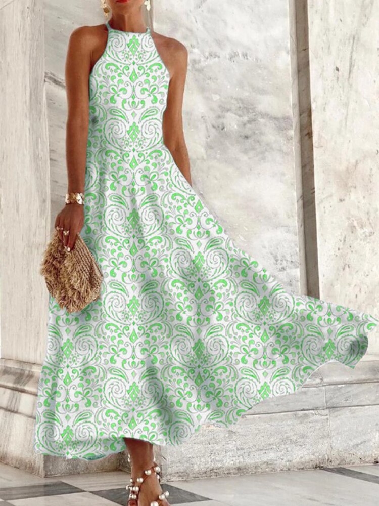 vmtvr Summer Casual Vintage Print Women Long Dress Ladies Fashion Sexy Loose Beach Dress Elegant Halter Sleeveless Party Dress Vestido