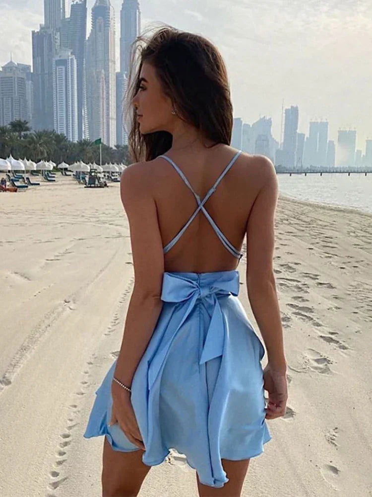 vmtvr Satin Sexy Backless Sleeveless Party Night Club Wrap Mini Dresses Spaghetti Straps Elegant Dress Solid Vestidos