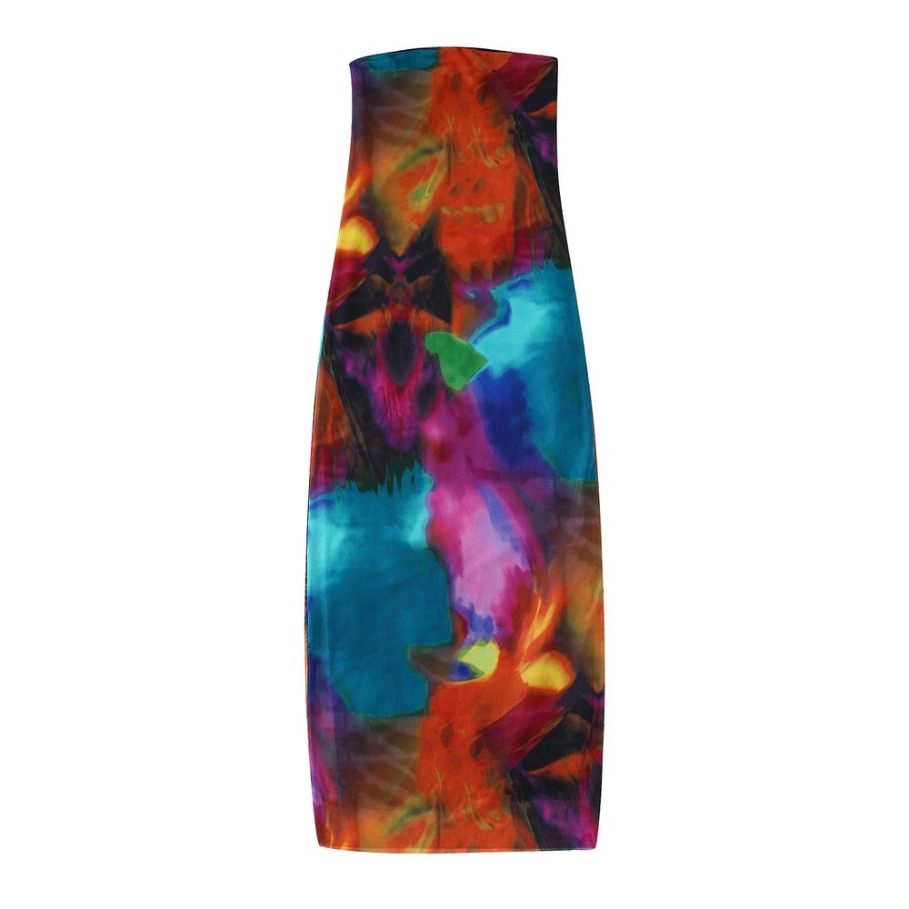 vmtvr Sexy Strapless Women Summer Dress Y2K Fashion Printed Slim Maxi Beach Dress Elegant Mesh Sleeveless Vacation Party Outfis