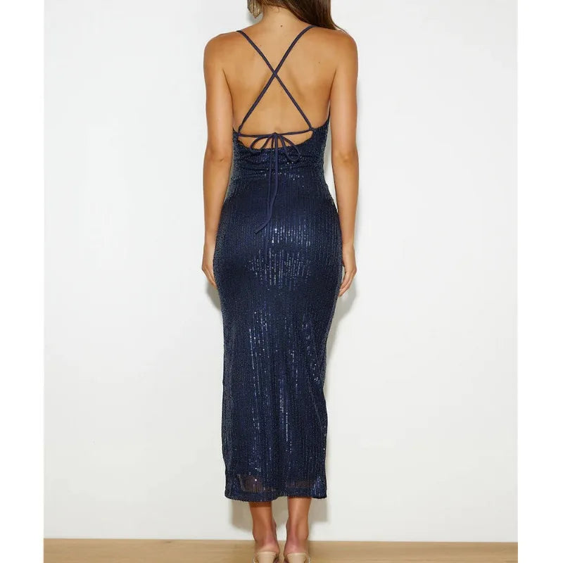 vmtvr Sexy Glitter Shiny Sequin Women's Blue Evening Party Dress 2024 Ladies Sleeveless Backless Summer Slit Chic Vestidos de Mujer