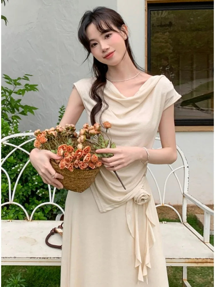 vmtvr 2024 Summer New Flowers Korean Fashion Irregular T-Shirt Top Women's French Elegant Pastoral Casual Long Skirt Two Piece Set