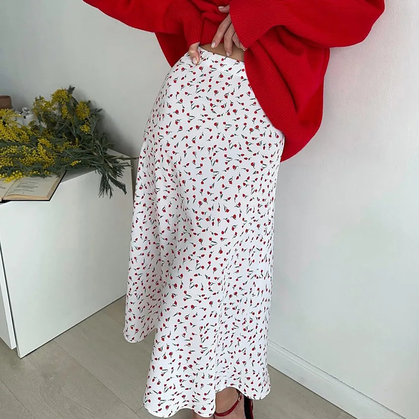 vmtvr Silk-like Satin Floral Skirt Spring and Summer Women's Elegant Elastic High Waist Leisure Vacation A-line Satin Skirt