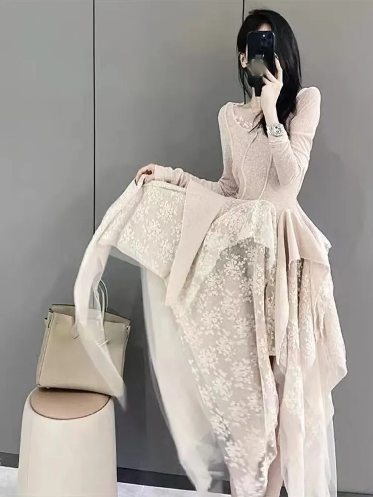 vmtvr - French Elegant Women's Vintage Dress Autumn Winter New Irregular Lace Splicing Evening Long Bridesmaid Party Dress