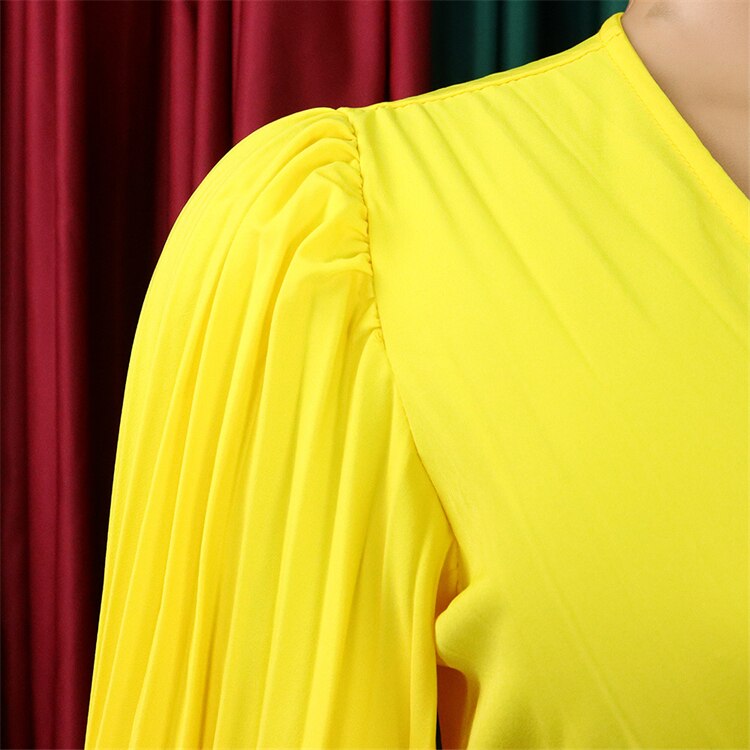 vmtvr Sexy V-Neck Pleated Dinner Party Dress Women Yellow Elegant with Belt Long Sleeve Robe Femme African Maxi Red Vestido