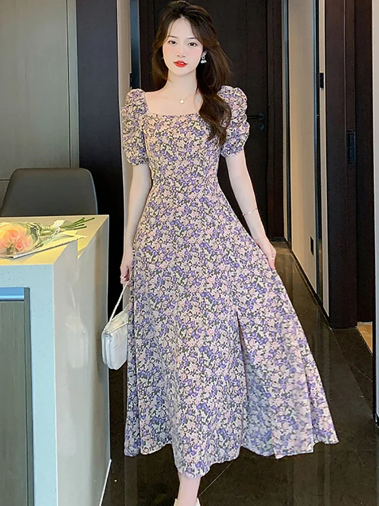 vmtvr 2024 Floral Chiffon Chic Square Collar Casual Beach Dress Summer Elegant Casual Prom Clothes Women Korean Fashion Evening Dress