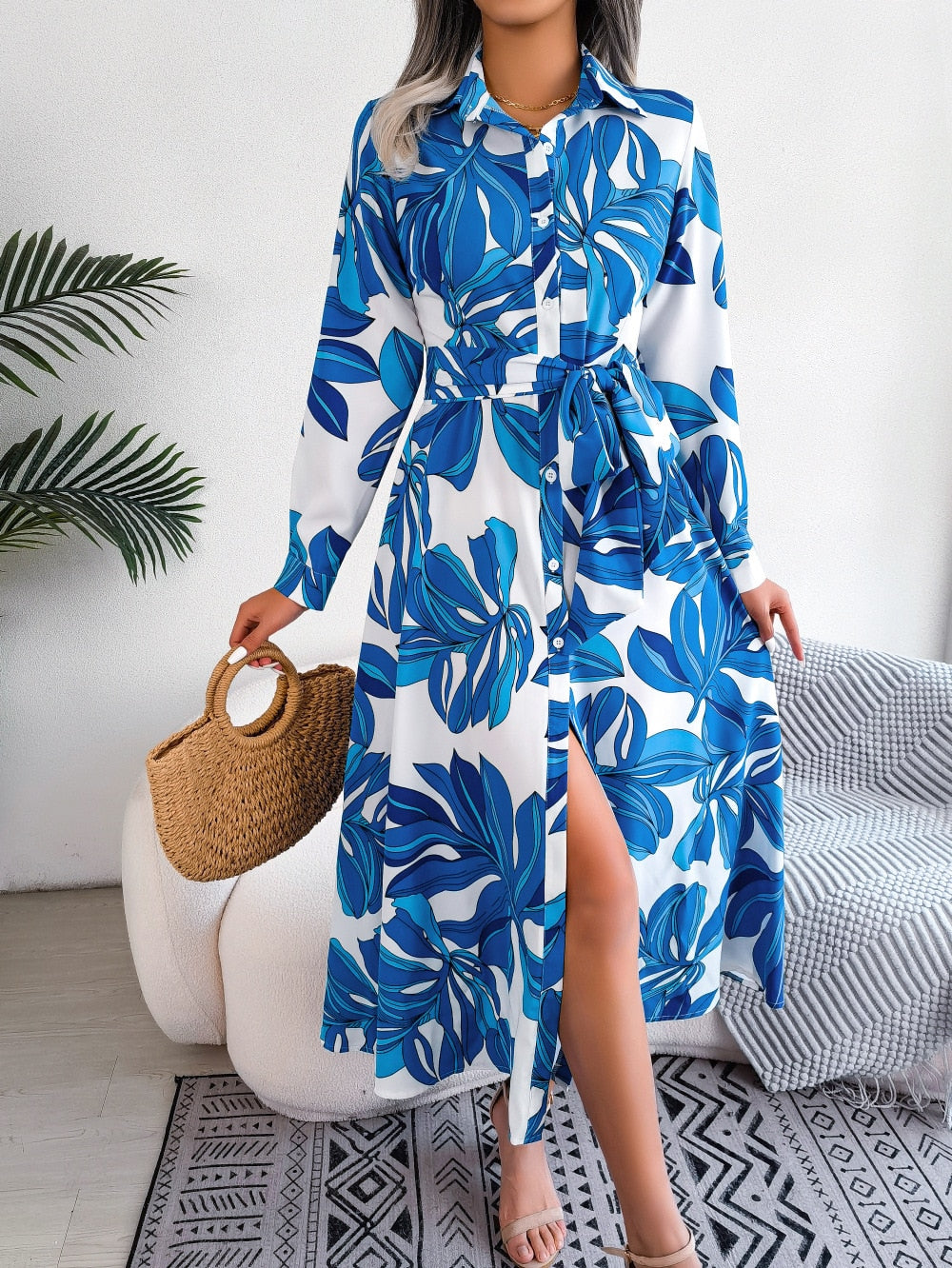 vmtvr - Spring Summer Skinny Long Dress Elegant Vintage Print Shirt Casual Lapel Button Slit Lace Up Long Sleeve Maxi Vestidos