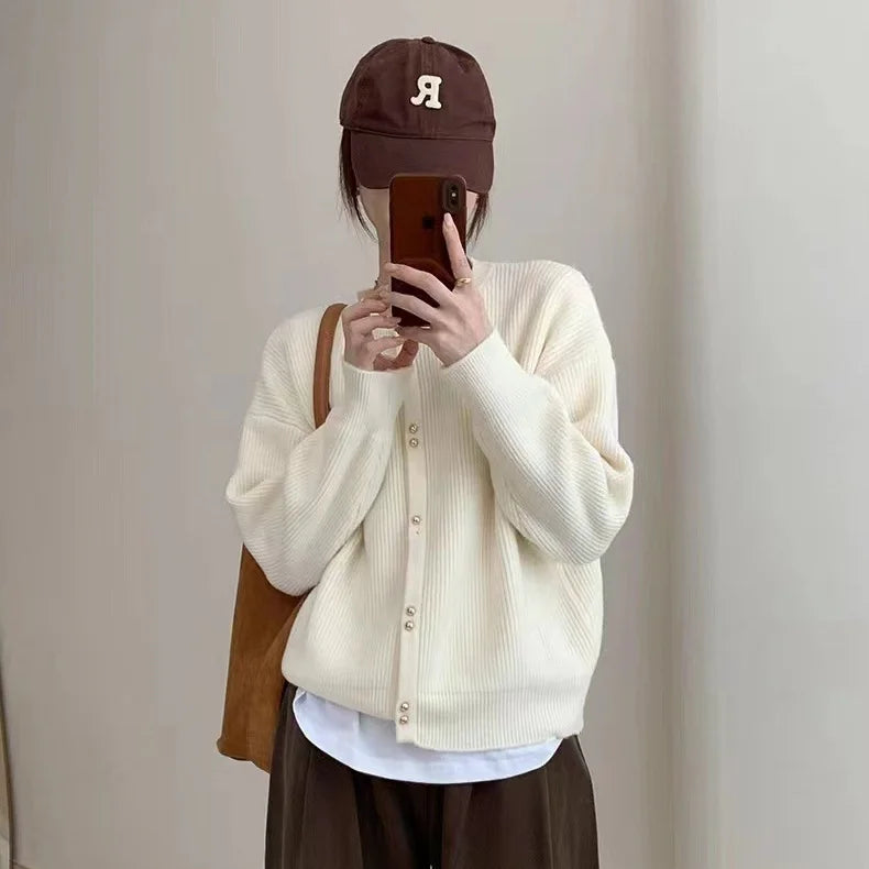 vmtvr Women O-neck Knitted Cardigan Autumn Winter Long Sleeved High-end Sweater Cardigans Lazy Style Female Loose Soft Knitted Coat
