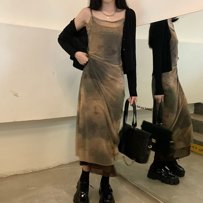 Vintage Tie Dye Print Mesh Dress Grunge Gothic Spaghetti Strap Midi Dress Korean Style Party Dress Fairycore Vestidos
