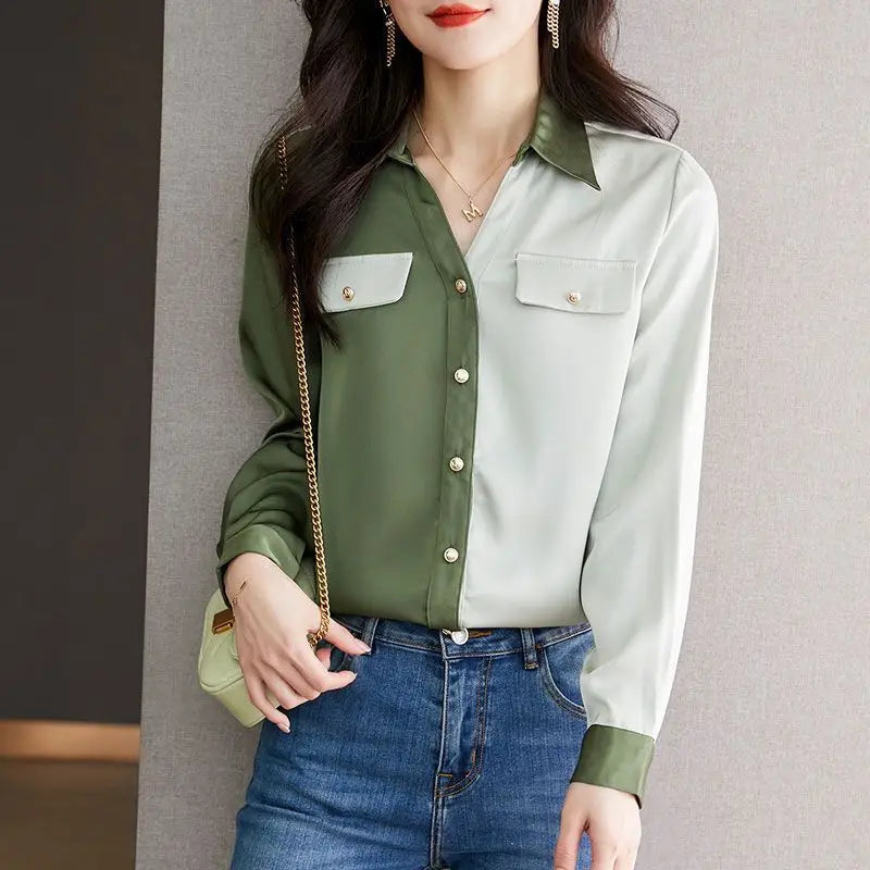 vmtvr Office Lady Korean Clothing Fashion Long Sleeve Chiffon Shirt Spring Summer Women Casual Versatile Contrast Color Chic Blouse