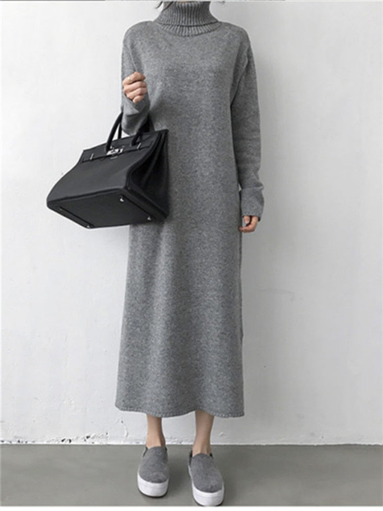 Turtleneck Winter Womens Dress Fall Sweater Women Dress Long Sleeve Knitted Dresses Maxi Vintage Oversize Dresses Knitting