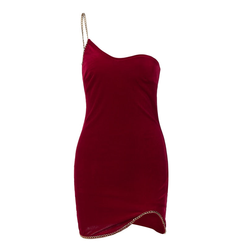 Women's Elegant Vestido Fleece One Shoulder Open Backless Slit Chain Sling Party Evening Bodycon Mini Dress