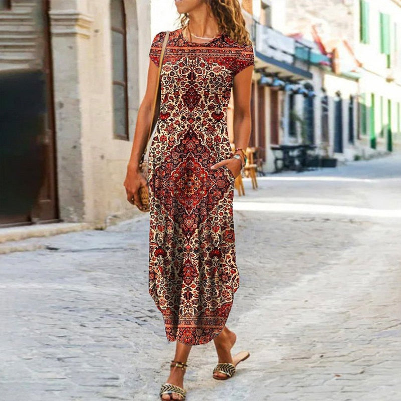 vmtvr - Elegant Women Maxi Dress Summer O Neck Short Sleeve Sundress Office Lady Party Dress Female Print A-Line Long Dress Vestido